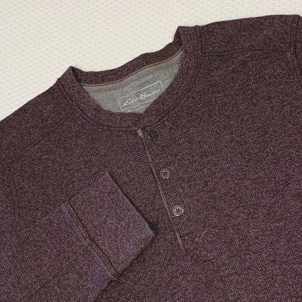 Eddie Bauer Mens M Burgundy Marl Waffle Knit Long Sleeve Henley Shirt Thermal